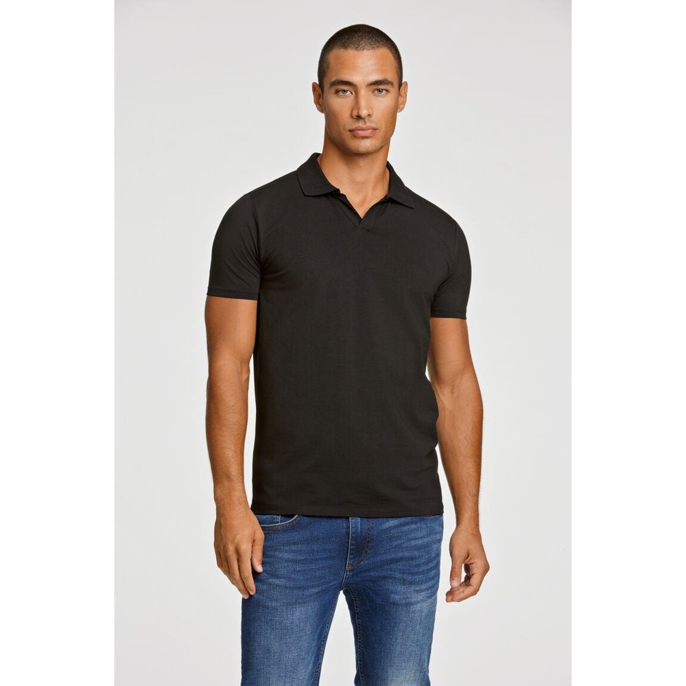 Lindbergh Mens Slim Fit V-Neck Polo Shirt Black Short Sleeve Size M